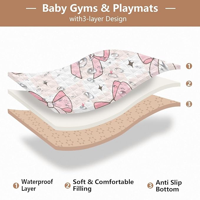 Baby Play Mat Pink Bows on Checkerboard 50 x 50 Playpen Mat for Floor Play Gym Crawling Non-Slip Cushioned Baby Playmat for Infants, Babies, Toddlers