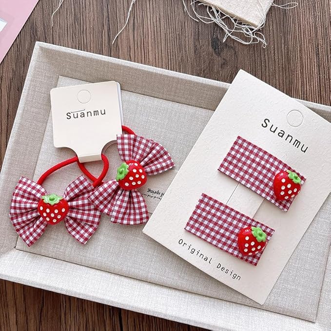Strawberry Snap Clips Baby Girls Fruit Hair Bow Clips Strawberry Hair Ring Tie BBW24 (4 Pcs-A3)
