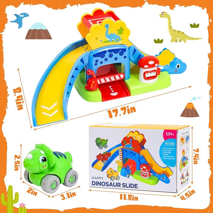 Toddler Toys for 1 2 Year Old Boy Gifts, Dinosaur Slide with 4 Dino Cars Montessori Learning Toys for Baby 12-18 Months, Educational First Birthday Gifts for Kids, Girls, Push Track for Toddlers 1-3