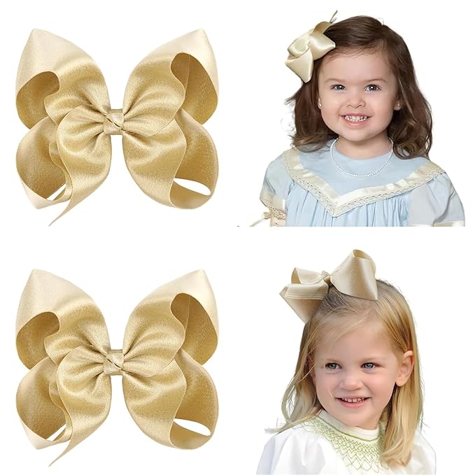 5.5 Inch 2pcs Yellow Gold Hair Bows for Girls Grosgrain Ribbon Toddler Hair Accessories with Alligator Clips for Toddlers Baby Girls Kids Teens