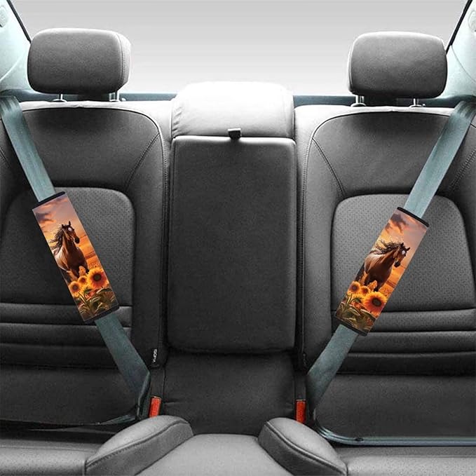 Biyejit Car Seat Belt Pads Cover, Safety Seat Belt Comfortable Shoulder Pads for Adults and Children 2 Packs, Sunset Sunflower Horse