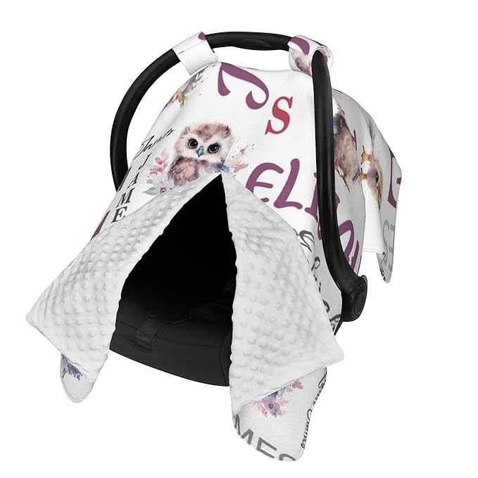 Personalized Baby Car Seat Canopy Minky Owl Baby Blanket Custom Name Baby Car Seat Cover Girls Boys Infant Newborn Carseat Canopy Nursing Cover for Stroller Car Seat Canopies