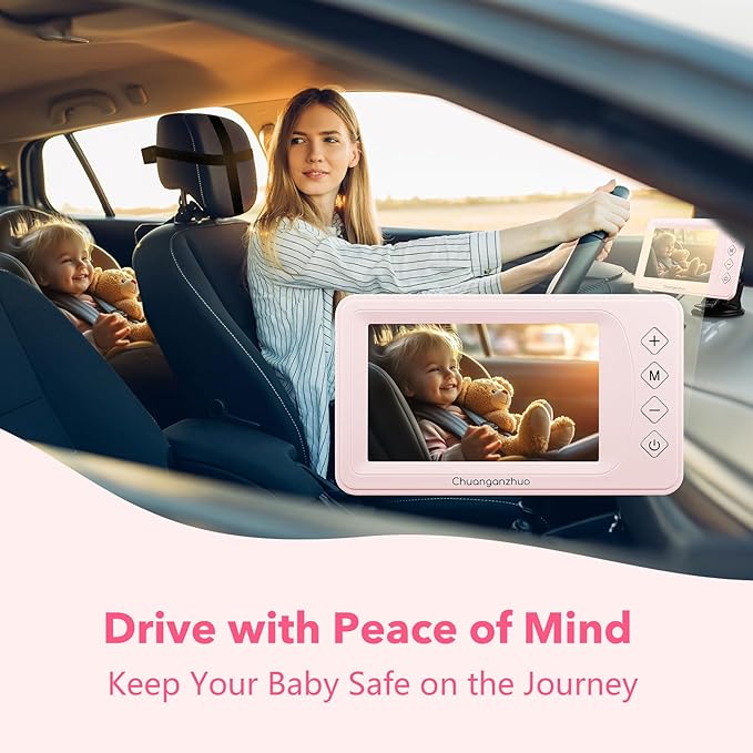 Baby Car Camera with NO.1 Night Vision, 3X Zoom, USB Powered, 5'' HD 1080P IPS Crystal-Clear Car Baby Monitor, Backseat/Carseat Camera for Kids Infants Rear Facing, S100U Light Pink