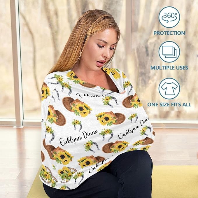 Personalized Baby Car Seat Cover for Baby Girls, Custom Nursing Covers for Breastfeeding with Name, Sunflower Cowgirl Infant Stroller Cover, Baby Newborn Carseat Canopy, Multiuse Car Seat Canopies
