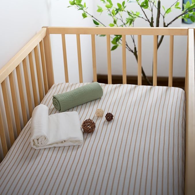 Meracorallo Muslin Mini Crib Sheet, Pack n Play Fitted Sheet, Soft and Breathable Pack and Play Playard Mattress Sheet for Baby Boys and Girls (Neutral Stripe)