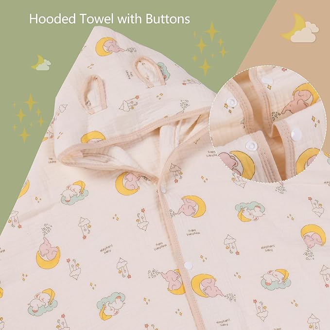 Hooded Towel Muslin Hooded Towel Made from Organic Cotton 6-Layer Cotton Bath Towel, Soft Bath Towels 25x51inches for Toddler Baby (Splashing Elephant)