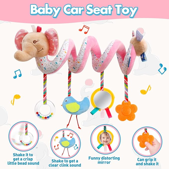 GKDOMS Baby Car Seat Toys Activity Stroller Toy for Boys Girls 0 3 6 9 10 12 Months, Spiral Hanging Plush Toys, Baby Shower Thank You Gifts