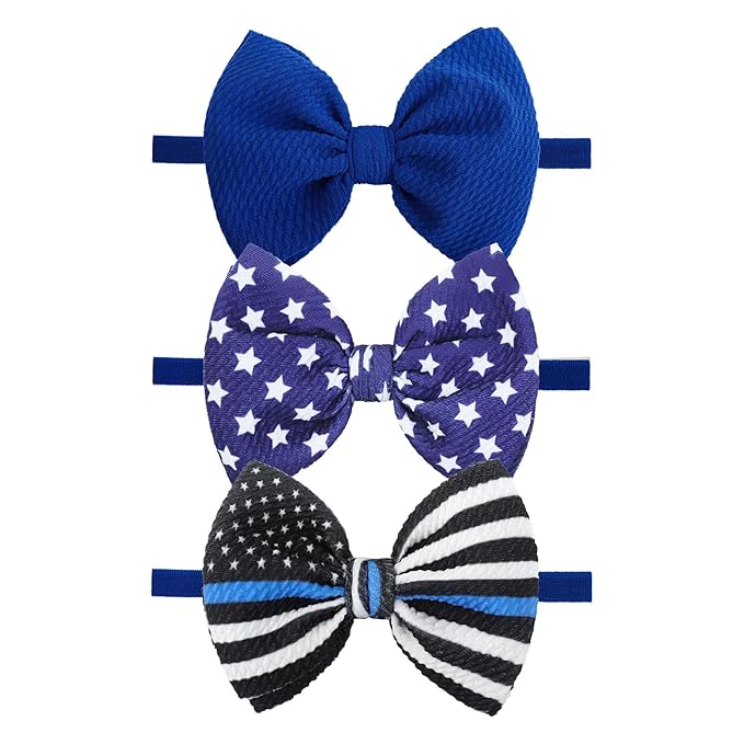YanJie Baby Bows Nylon Blue Headbands for Infant Girls Police Support Hair Bow for Newborn Toddler National Police Week Hair Accessories Blue Line Flag