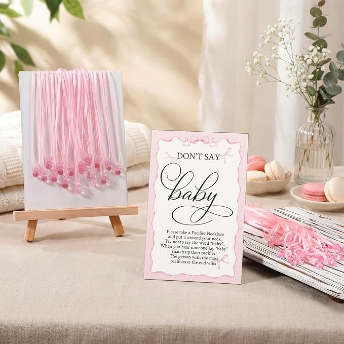 Geetery 51 Pcs Don't Say Baby Game Sign Cool Baby Shower Game 50 Pacifier Necklace Wooden Don't Say Sign Plastic Pacifier Party Favor for Gender Reveal (Pink Bow,Pink)