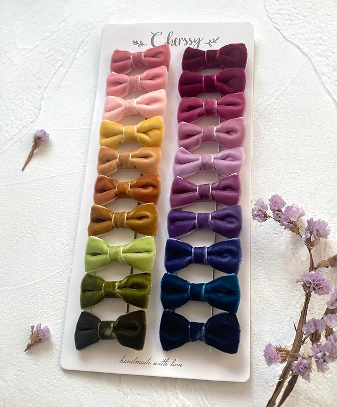 Velvet Baby Hair Clips, 20pcs Boutique Mini Bows Barrettes, Fully Lined Hair Pins Accessories for Infant Toddler Baby Girl's Fine Hair by Cherssy