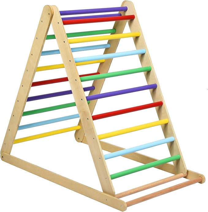 HONEY JOY Triangle Climber with Ramp, 2-in-1 Indoor Toddler Climbing Triangle Set with Ladder & Slide, Foldable Wooden Kids Climbing Toys for Playground, Gym & Daycare, Gift for Boys Girls (Colorful)