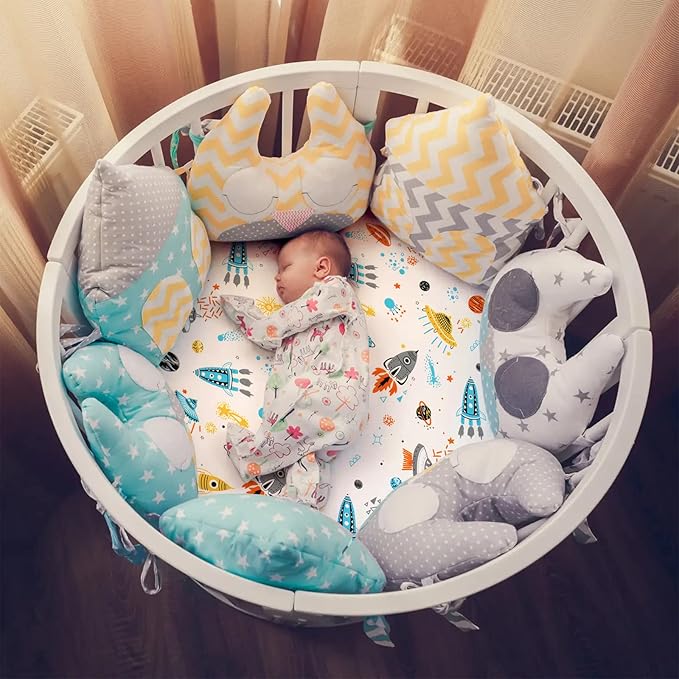 Cloele Round Stretchy Crib Sheet - Microfiber Space Fitted Sheet for 42 X 42 Mattresses Ultra Soft Unisex Round Fitted Sheet for Baby Boys Girls