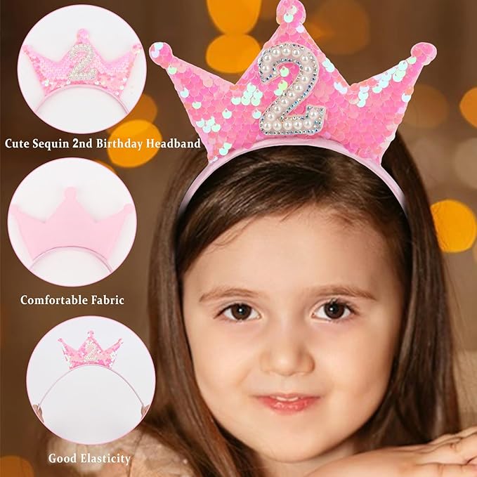 Birthday Crown Headband Pink Glitter Birthday Headbands for Girls 2nd Bday Outfit 2 Year Old Girl Gifts