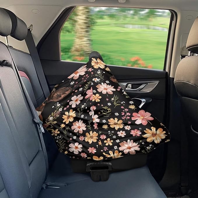 Wanyint Brown Cow Floral Stretchy Baby Car Seat Cover for Baby, Nursing Breastfeeding Covers,Shopping Cart/High Chair/Stroller Covers,Infinity Scarf,Car Seat Canopies