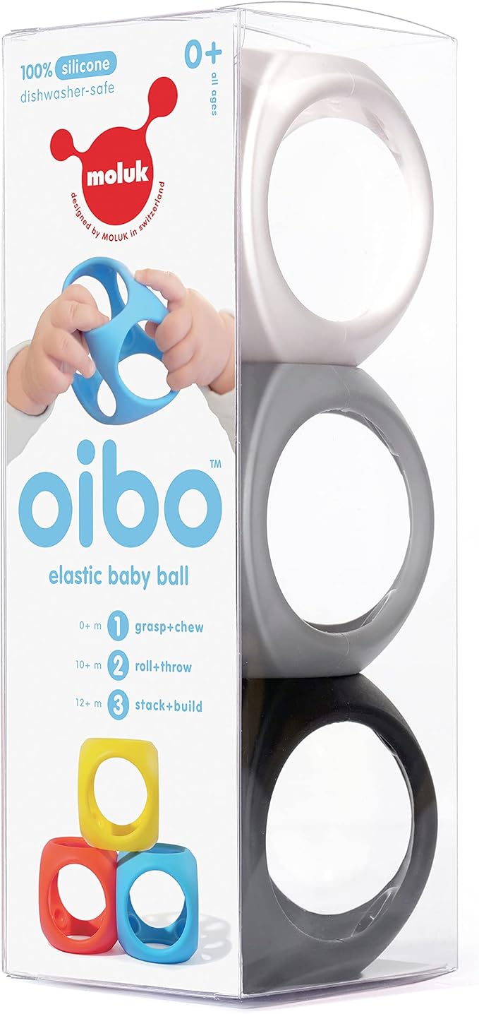MOLUK Oibo 3-Piece Set - Monochrome | Sensory Stacking Toy, Gripping Ball, and Teether | 100% Silicone Baby Toy for 0+ Months (White, Dark Grey, Black)