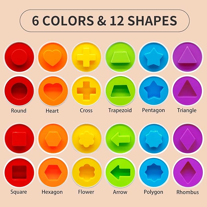MOONTOY Matching Eggs for Toddlers 1-3, 12PCS Preschool Educational Learning Color & Shape Sorter Sensory Montessori Toy Toddler Easter Eggs Basket Stuffers Gift for 1 2 3 Year Old Kid Baby Boy Girl
