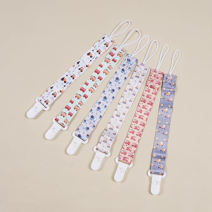 Baby Pacifier Clip,Paci Leash Binky Clips for Baby Boys and Girls,Newborn Essentials,Pack of 6 Gift Set. (Construction Truck)