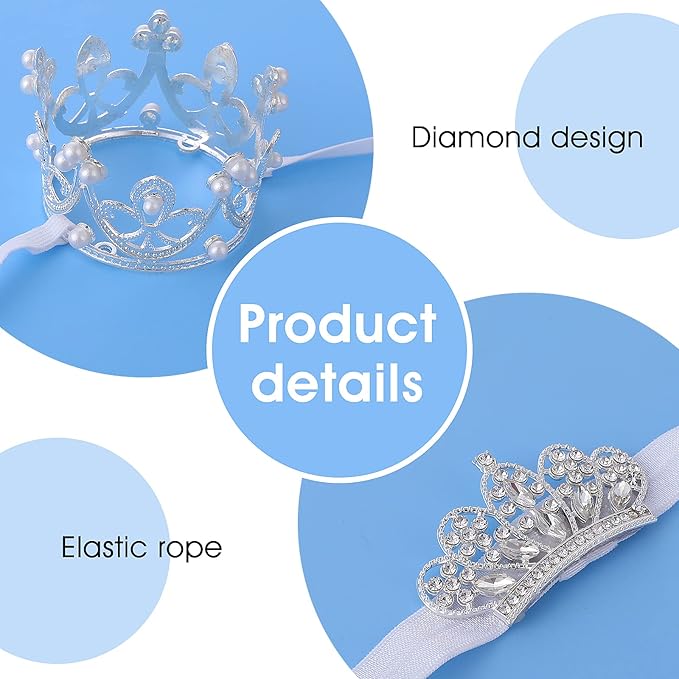 Abeillo 2 Pieces Baby Crown Baby Crystal Princess Tiaras Newborn Photography Props Children Headband Infant Elastic Hair Band Crown for Baby Girl Birthday Party (Silver)