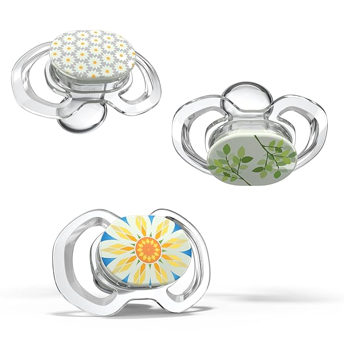 Smilo Baby Pacifier - 3 Pack of Slimline Pacifiers for Babies - Stage 3 for Babies 9+ Months - 100% Silicone Pacifier and BPA Free - Glow in The Dark - Spring Sunflower Edition
