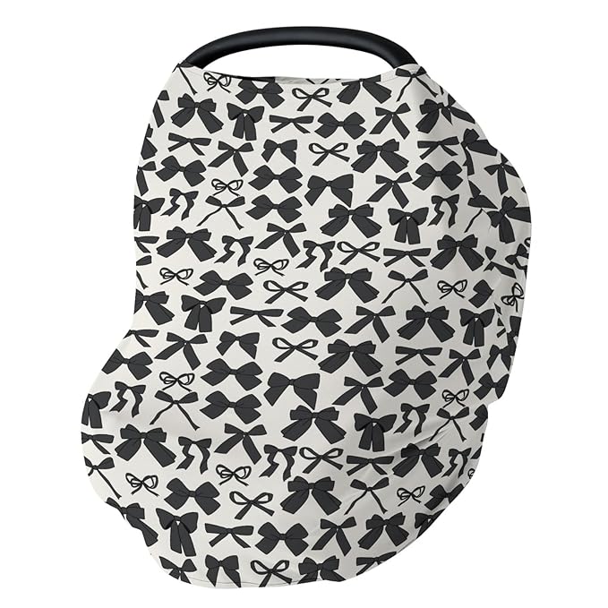 Black Bows Car Seat Cover for Baby Valentine Bows Stretchy 5-in-1 Cover Adjustable Car Canopy Cover Spring Black Ribbons Breathable Nursing Cover-Up
