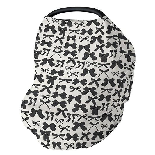 Black Bows Car Seat Cover for Baby Valentine Bows Stretchy 5-in-1 Cover Adjustable Car Canopy Cover Spring Black Ribbons Breathable Nursing Cover-Up