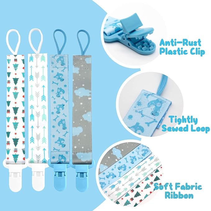 8 Pcs Dummy Clips Girls Baby Pacifier Holder Soother Clip Chain Straps with Plastic Clasp, Silicone Ring Adapter, Fit All Dummies & Soothers & Teething Toys, Newborn Essentials (Blue)
