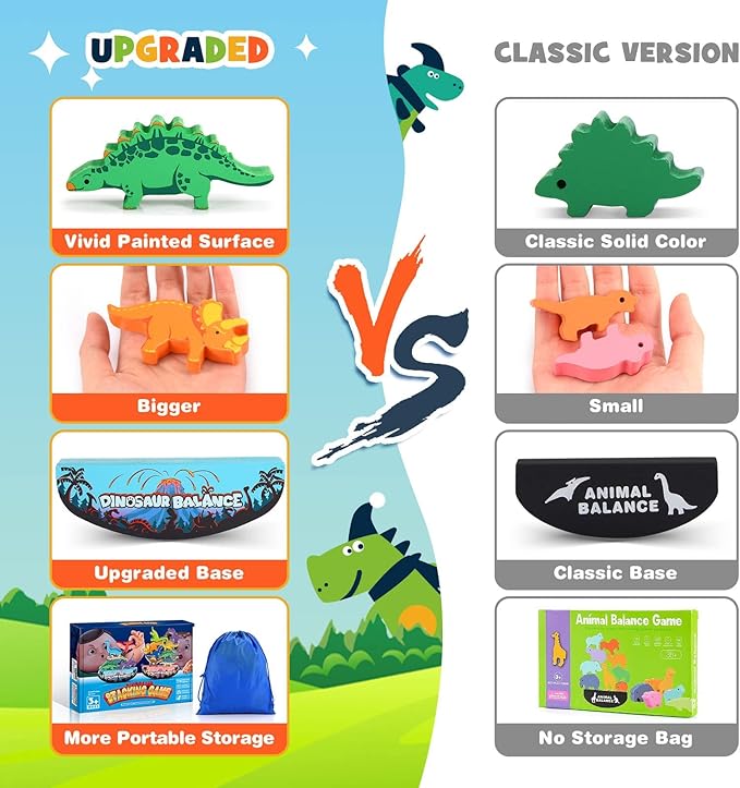 IPOURUP Dinosaur Toys for Kids 3-5: Wooden Stacking Montessori Toys for 3 4 5 6 7 Year Old Balance Competition Game for Family Ideal Christmas Birthday Gifts for Kids Ages 3-7 (Double Version)