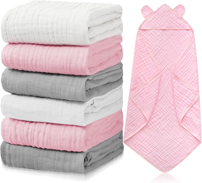 Preboun 6 Pcs Muslin Baby Hooded Towels Cotton Absorbent 6 Layers Cute Bath Toddler Towels for Newborn Kids Girl Infant Boys Toddler Shower Gift Supplies (Grey,Pink,White)