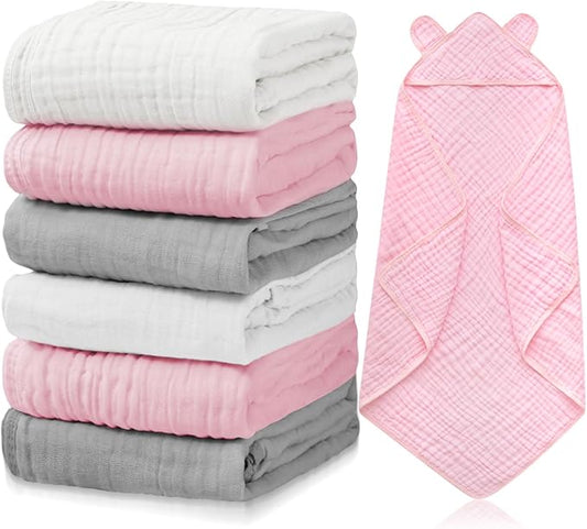 Preboun 6 Pcs Muslin Baby Hooded Towels Cotton Absorbent 6 Layers Cute Bath Toddler Towels for Newborn Kids Girl Infant Boys Toddler Shower Gift Supplies (Grey,Pink,White)