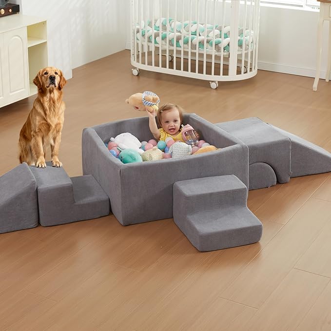 STAOLENE Soft Foam Climbing Blocks with Ball Pit, 6PCS Grey Indoor Climbing Toys for Toddler, Climb and Crawl Activity Play Set, Play Gym for Child Development (Balls not Included)