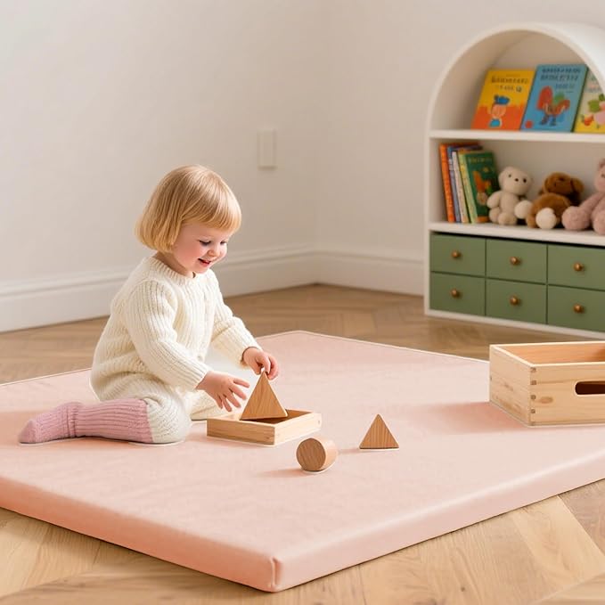 Huloo Sleep Baby Play Mat 50x50 Inches,1.3" Thick Padded Waterproof Floor Cushion & Playpen Mat with Vegan Leather,Non-Slip & Non-Toxic Nursery Rug for Infants, Toddlers & Kids(Pink)