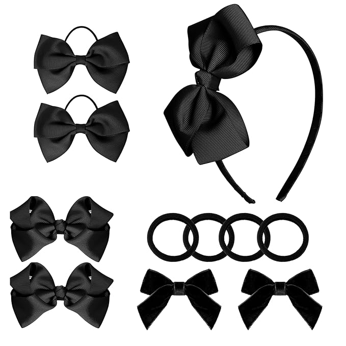 baotongle 11pcs Black School Hair Accessories Set Uniform Hair Bow Headband Clips Hair Ties Curly Bows for Little Toddler School Girls (Black)