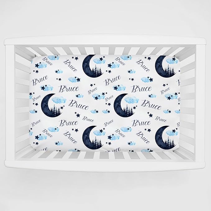 Personalized Pack and Play Sheets with Name, Custom Moon Forest Baby Mini Crib Sheets for Baby Boys Girls, Name Pack n Play, Fitted Sheet with Name, Soft and Breathable Material, 39x27x5 Inch