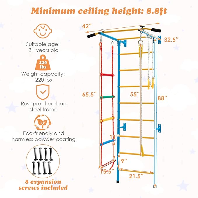 Costzon 5 in 1 Climbing Toys for Toddlers, Indoor Kids Gym for Exercise, Steel Ladder Wall Set with Wall Ladder, Pull-up Bar, Rope, Gymnastic Rings, Solid Wall Set up, Climber Ladder Boys Girls Gift
