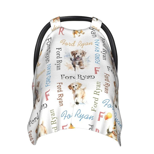 Custom Baby Car Seat Canopy Personalized Car Seat Covers with Name for Baby Boys Girls Customized Dog Nursing Breastfeeding Cover Infant Carseat Canopies Newborn Minky Baby Blanket