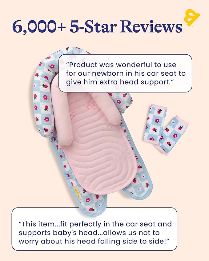 GoldBug Deluxe Duo Car Seat Head Support + Matching Strap Covers for Baby and Infant - Patchwork Berry