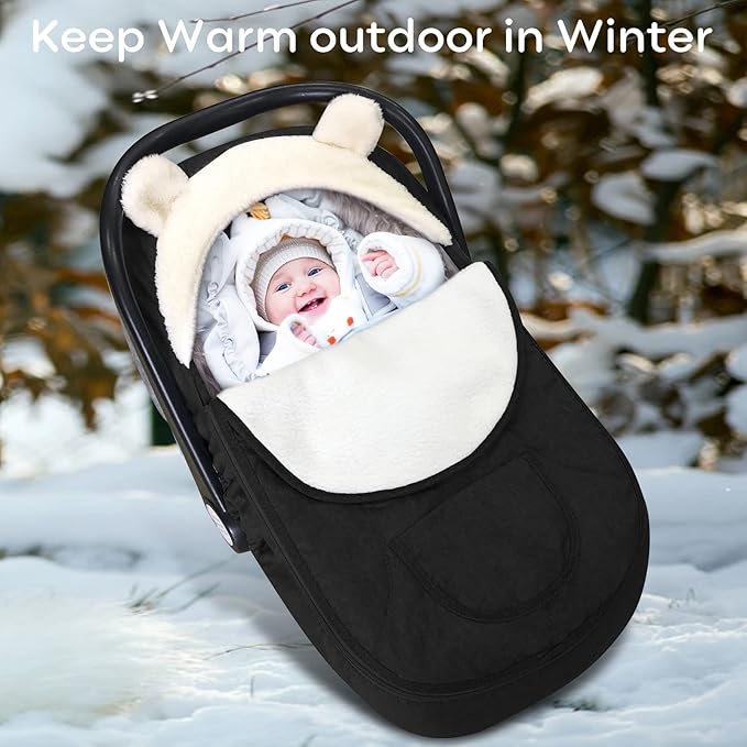 Baby Car Seat Cover for Infant Newborn - Universal Fitted 3-Season (Winter/Spring/Autumn) Canopy, Warm Breathable with Mesh Cover, Unisex for Baby Boy Girl - Black