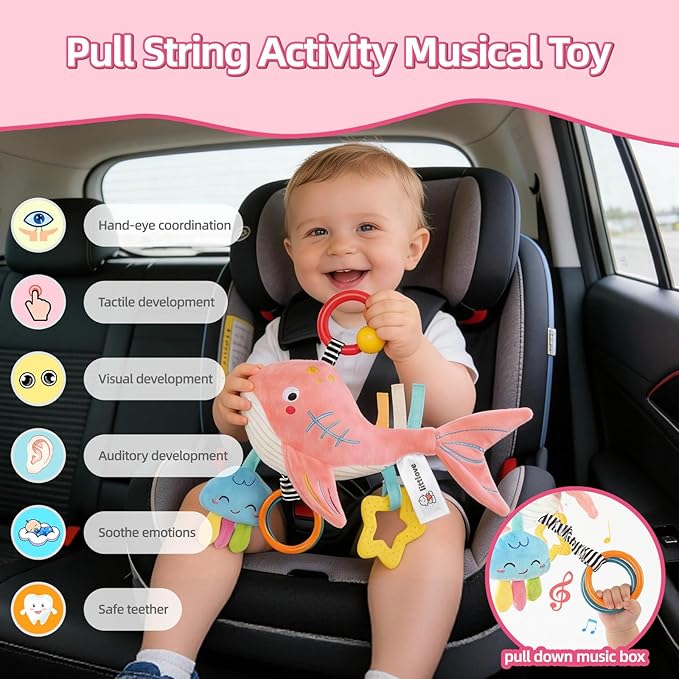 Pull Musical Toys for Car Seat 6-12 Months, Travel Sensory Toy 3-6 Months, Montessori Plush Toys for Roadtrip with Teether Crinkle Textures Clackers Squeaky Pulling Cords Newborn Infant Valentine Gift