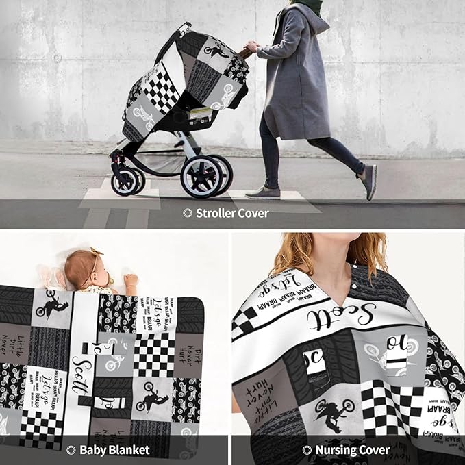 Custom Baby Car Seat Canopy with Name, Personalized Baby Car Seats Covers for Baby Boy, Motocross Opening Minky Nursing Breastfeeding Cover for Infant, Carseat Canopies for Newborn