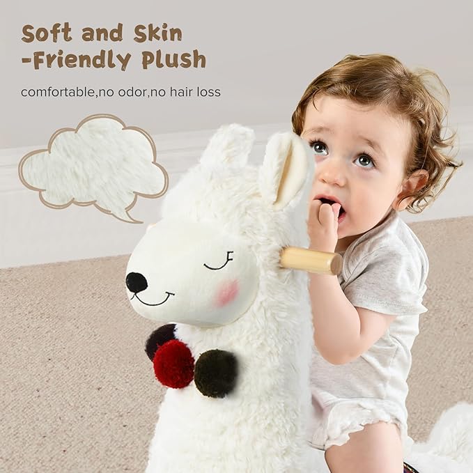 labebe - Baby Rocking Horse Wooden, Plush Stuffed Rocking Animals White, Kid Ride on Toys for 1-3 Years Old, Llama Rocking Horse for Girl&Boy, Toddler/Infant Rocker for Nursery, Kid Riding Toys/Horse