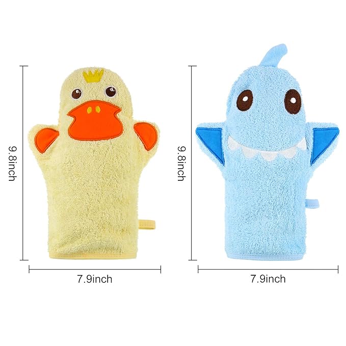 Shappy 2 Pieces Baby Bath Mitt Washcloths with Cute Animal Designs Yellow Duck Shark Towel Gentle Soft Scrub for Toddler Bath and Shower