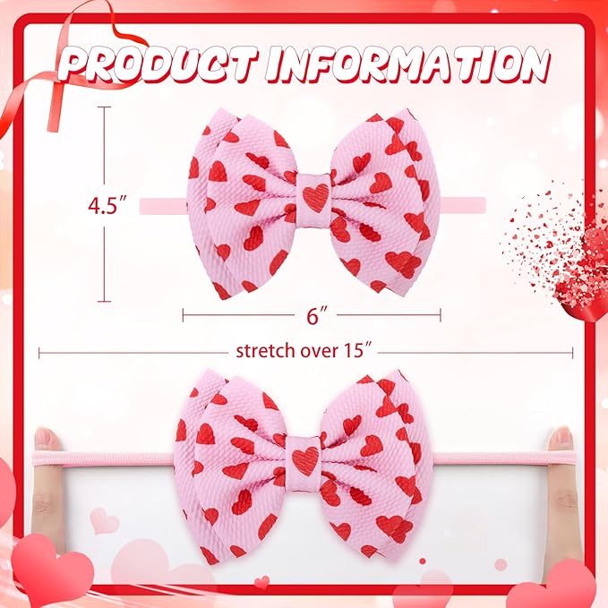 YanJie HAIRBAND 2 Pack - Valentines Design, Red Heart Handmade Headbands for Girls Infants Toddlers, Soft Comfortable Nylon Hairbands Accessories, Cute Baby Dress Up Gift