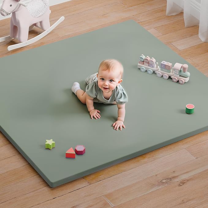 Comehealthy Baby Play Mat for Floor, 50x50 Vegan Leather Playpen Mat, Thickened Foam Cushioned Mat for Infants and Toddlers, Waterproof, Non-Slip & Stylish Playmat for Babies, Easy to Clean, Green
