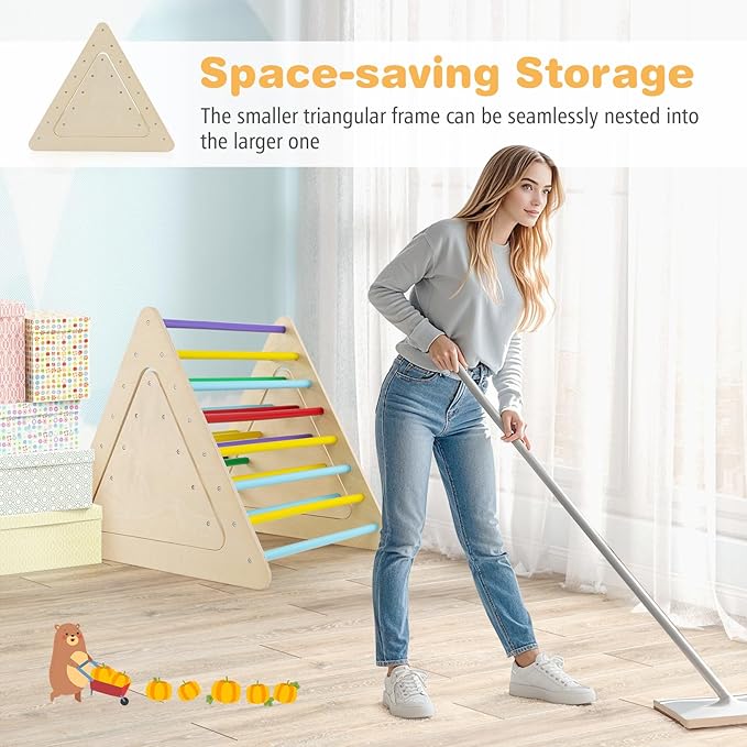 HONEY JOY Pikler Triangle Set, 5 in 1 Montessori Wooden Triangle Climber w/ 2 Stackable Ladders & Climbing Ramp, 3-Piece Baby Indoor Playground Jungle Gym, Climbing Toy for Toddlers, Colorful