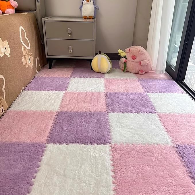 12pcs Plush Puzzle Foam Floor Mat, Cute Soft Fluffy Interlocking Square Foam Tiles Area Rugs Carpet for Parlor Bedroom Decoration(11.8x11.8x0.4in, Pink&White&Light Purple)