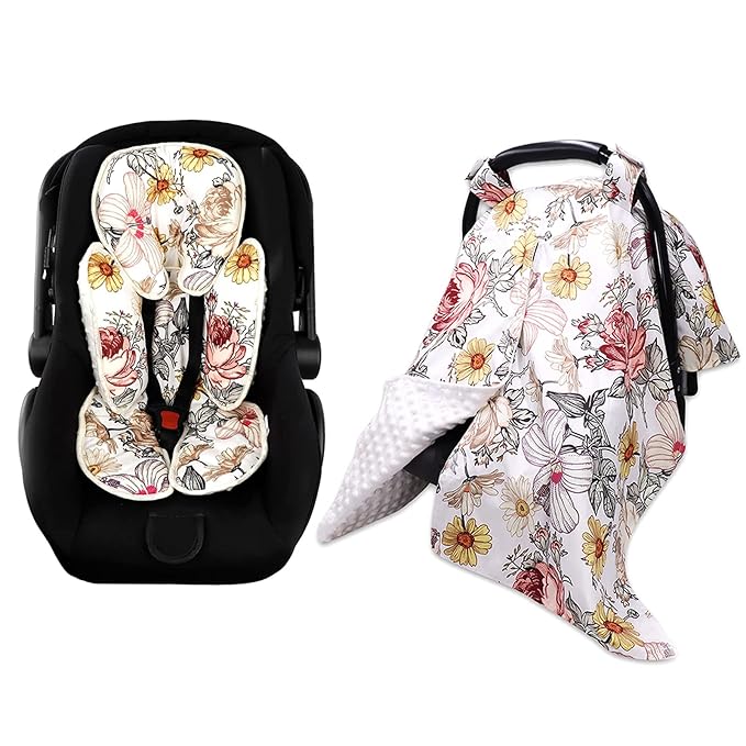 Floral Car Seat Insert,Cushion for Stroller, Swing, Bouncer, 2-in-1 Reversible, Floral Baby Car Seat Canopy Soft Minky Plush Dotted Backing Baby Car Seat Cover Girls, Infant Carseat Canopy