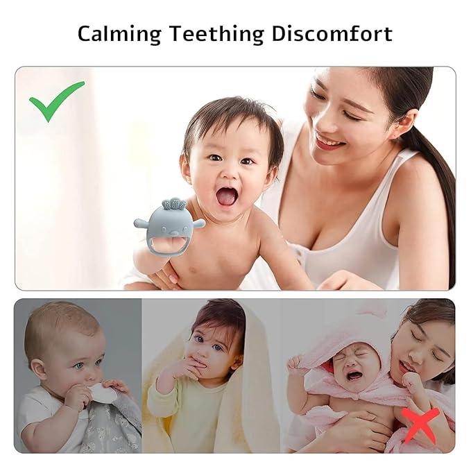 2 Pack Baby Teether Toy, BPA Free Silicone Mitten Glove Teether for Sucking Needs, Baby Teething Toys 0-3-6-12 Months, Hand Pacifier Chew Toys for Teething Pain Relief (Beige & Blue)