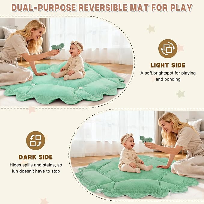 5-in-1 Baby Activity Gym & Play Mat with 6 Hanging Toys, Tummy Time Mat & Cards - Extra Large, Reversible Machine Washable Pad - Gift for Newborns, Infants 0-12 Months, Sage Green