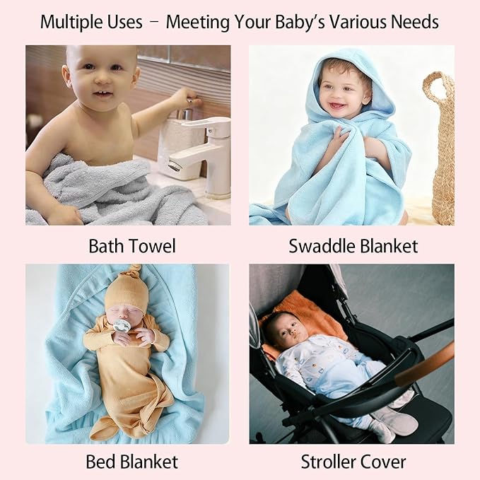 4 Pack Hooded Baby Towels, 32x32 Inch Absorbent Bath Towels, Soft Coral Fleece Hooded Towel for Newborns, Infants, and Toddlers – Baby Bath Essentials (2X Light Gray + 2X Sky Blue)