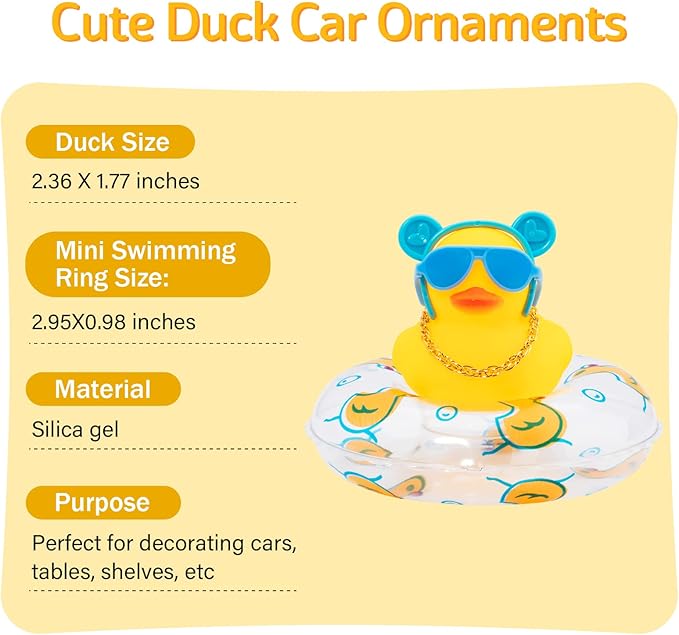 wonuu Car Duck Rubber Duck Car Ornaments Duck Car Dashboard Decorations with Cute Headband Swim Ring Necklace Sunglasses, B-Blue O Bunny Headband-Transparent